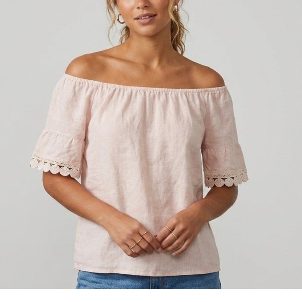 Terzomillennio Peasant Blouse Top Womens M Light Pink Lace Trim Off The Shoulder